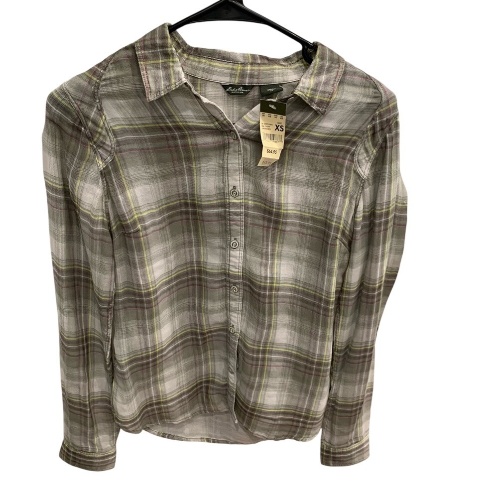 Eddie Bauer Women's XS Plaid Button Front Shirt Green Gray Long Sleeve New